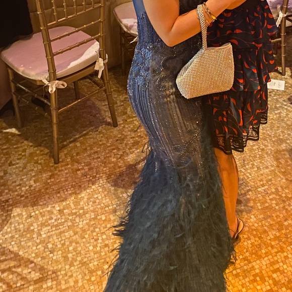 High neck short sleeve blue beaded feather gown Terani style number 1721GL4446 - Picture 11 of 13